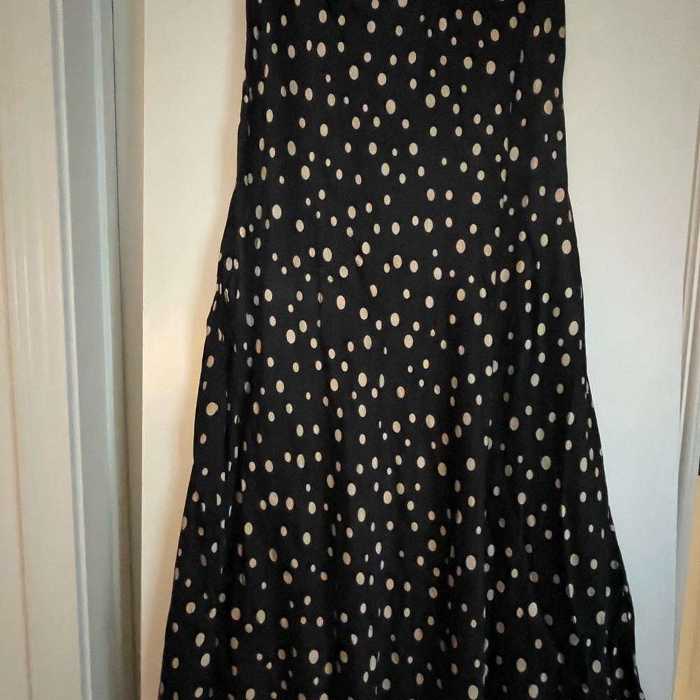 Sz M: H&M Satin High Elastic Waist Black/Tan Polka Dot Midi Skirt - Picture 2 of 8